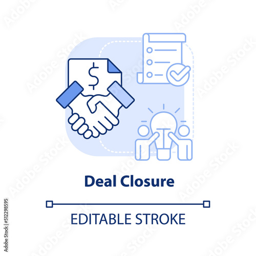 Deal closure light blue concept icon. Complete transaction. Stage of merger abstract idea thin line illustration. Isolated outline drawing. Editable stroke. Arial, Myriad Pro-Bold fonts used