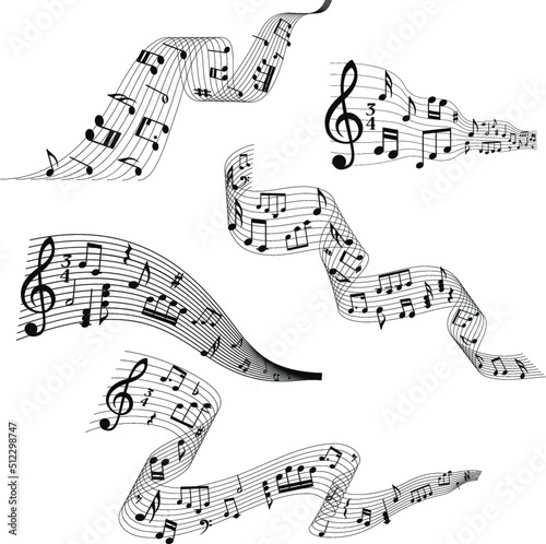 Abstract silhouettes of musical scores with notes and G clef. Abstract musical scores vector set.