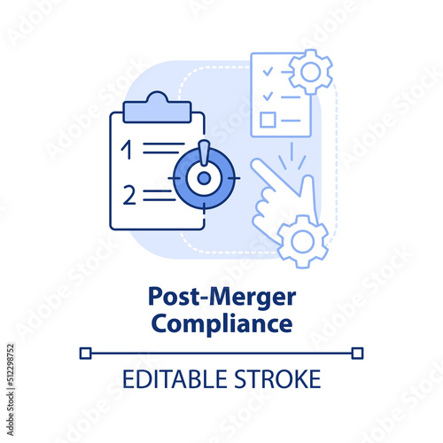 Post merger compliance light blue concept icon. Parties obligations. Stage of merger abstract idea thin line illustration. Isolated outline drawing. Editable stroke. Arial, Myriad Pro-Bold fonts used