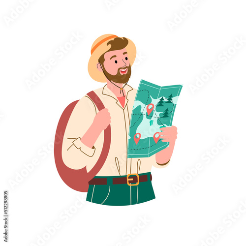 Tourist with a map in hand. A man in a tourist hat is looking for a way with a backpack.. Vector