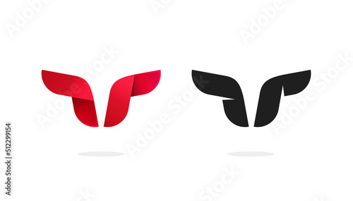 Bull horn head logo abstract icon vector or ox bison red taurus brand symbol black and white shape graphic, cow cattle logotype template or buffalo animal beef farm strong sign, meat restaurant image
