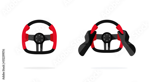 Steering wheel icon vector from sport race car with driver hand logo black and red color graphic illustration isolated image