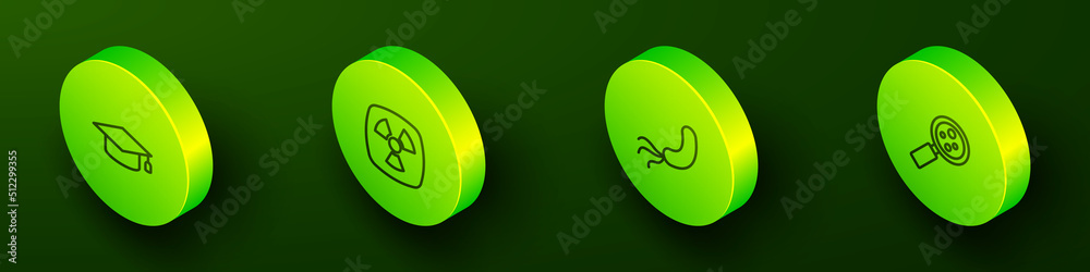 Set Isometric line Graduation cap, Radioactive, Bacteria and Microorganisms under magnifier icon. Vector Set Isometric line Graduation cap, Radioactive, Bacteria and Microorganisms under magnifier icon. Vector