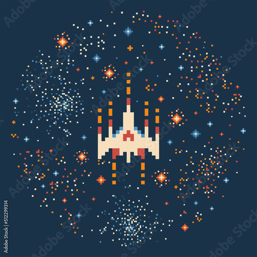 8 bit Pixel Art Spaceship in Outer Space