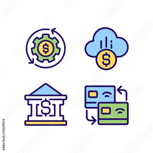 Financial services pixel perfect RGB color icons set. Money management. Card transfer. Cloud payment. Isolated vector illustrations. Simple filled line drawings collection. Editable stroke
