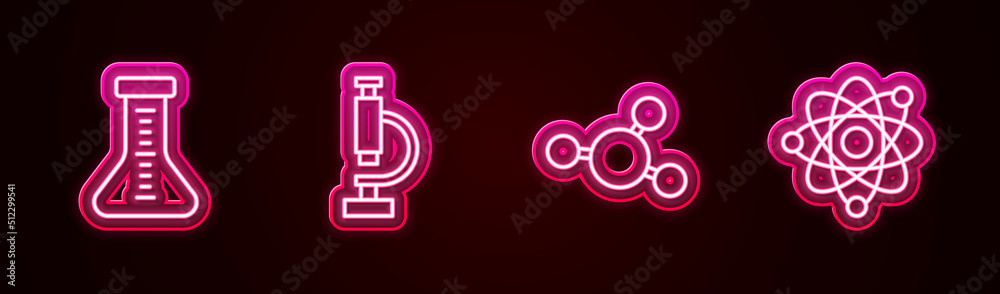 Set line Test tube, Microscope, Molecule and Atom. Glowing neon icon. Vector Set line Test tube, Microscope, Molecule and Atom. Glowing neon icon. Vector
