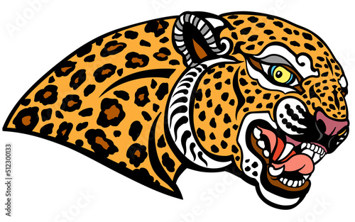 Head of a roaring leopard. Aggressive spotted panther jaguar. Tattoo, emblem, logo, mascot. Side view isolated vector illustration