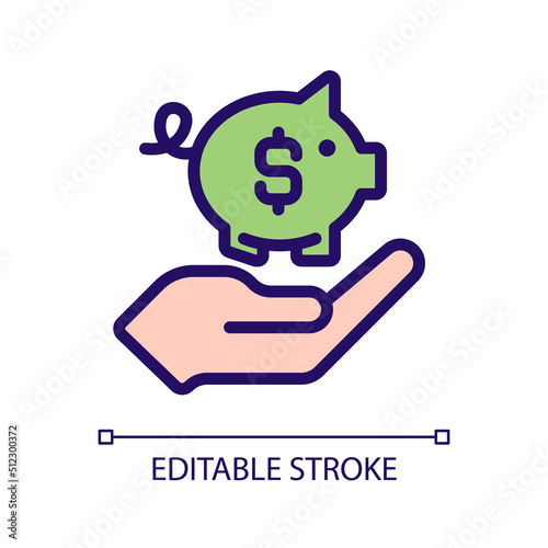 Saving money pixel perfect RGB color icon. Budget management. Emergency fund. Retirement account. Isolated vector illustration. Simple filled line drawing. Editable stroke. Arial font used