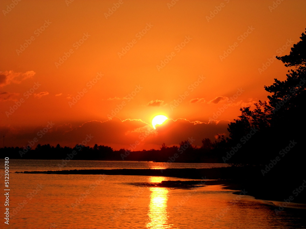 Orange sunset on a beach with trees. Playa Larga, Cuba.