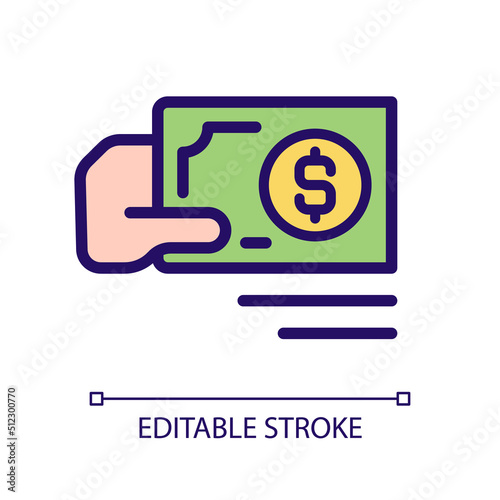 Payment in cash pixel perfect RGB color icon. Paper money currency. Purchasing and selling. Physical cash. Isolated vector illustration. Simple filled line drawing. Editable stroke. Arial font used