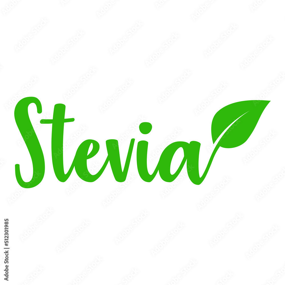 Banner con texto Stevia con silueta de hoja de planta. Logo edulcorante sustituto natural del azúcar. Vector producto saludable en color verde Banner con texto Stevia con silueta de hoja de planta. Logo edulcorante sustituto natural del azúcar. Vector producto saludable en color verde