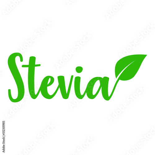 Banner con texto Stevia con silueta de hoja de planta. Logo edulcorante sustituto natural del azúcar. Vector producto saludable en color verde