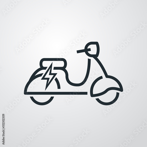 Logo scooter eléctrico. Vector con silueta de moto con rayo. Icono lineal. Fondo gris