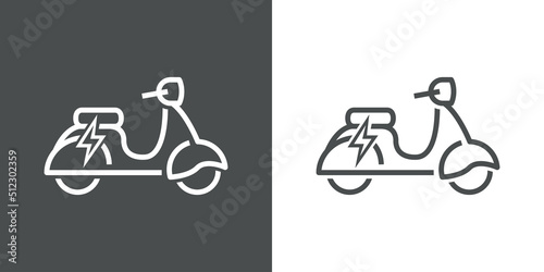 Logo scooter eléctrico. Vector con silueta de moto con rayo. Icono lineal. Fondo gris y fondo blanco