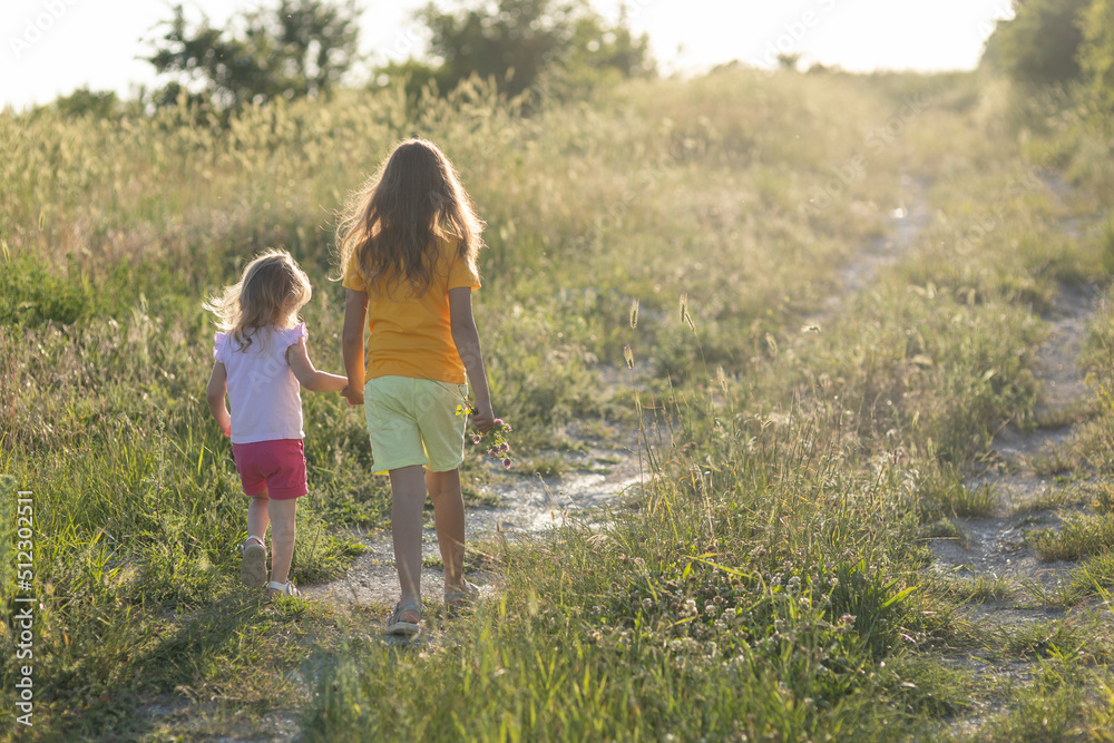 Two children are walking in nature