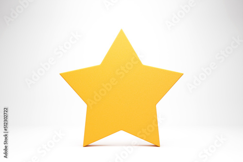 Big yellow shiny star with soft shadow on white background . Realistic design. 3D illustration.