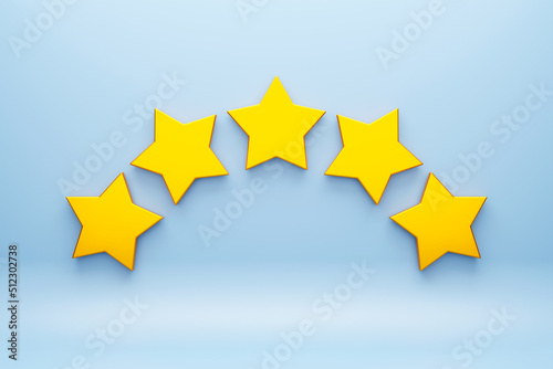 3d illustration 5 golden stars stands in a row on blue isolated background. The concept of evaluation of restaurants, hotels and others. First-class star rating