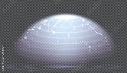 Semitransparent lightning thunderbolt energetic wave shield. Protective dome screen glow light effect on transparent background