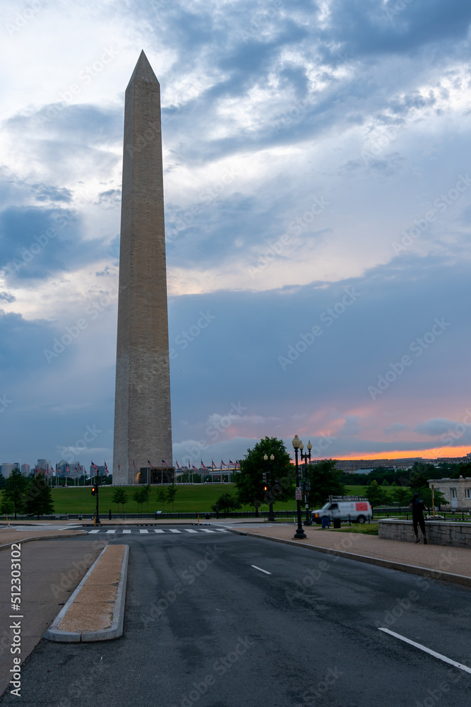 Walking Towards the Washington Monument with Cloudy Skies at Dawn