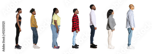 Profile view of young men and women standing in front of each other isolated over white background, Concept of youth, job, fashion © master1305