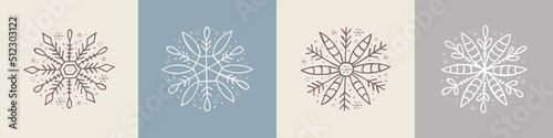 A set of hand-drawn snowflakes. Vector illustration in doodle style. Winter mood. Hello 2023. Merry Christmas and Happy New Year. White and gray elements on a gray background.