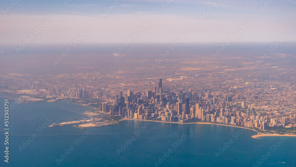 Aerial View of the Chicago Skyline from Commercial Airplane Approaching Airport