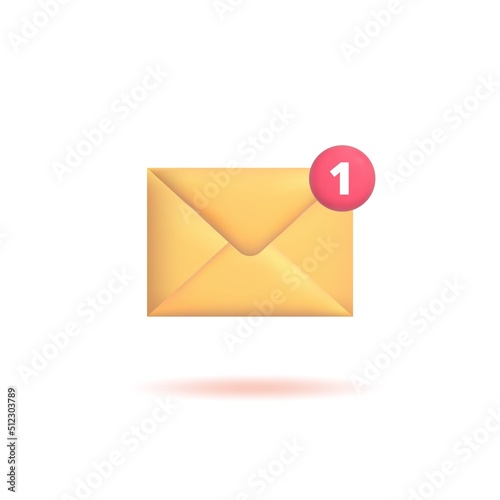 3d envelope with number one. New message or inbox, realistic icon isolated on white background. Vector illustration