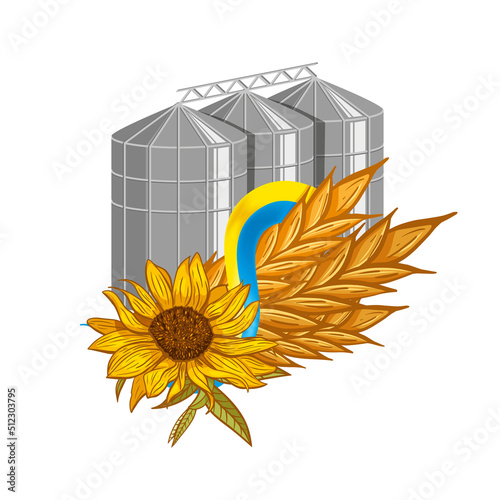 Ukraine crisis. Wheat Storage Elevators behind Ears of Wheat and Sunflower decorated with Ukrainian Flag. 