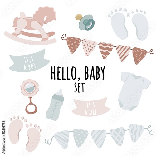 Baby set. Hello, baby. Gender party. Baby shower. Boy or girl. 