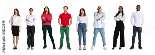 Group of different, multi ethnic people, men and women standing isolated over white background, Horizontal flyer, banner. Models in casual and business style clothes