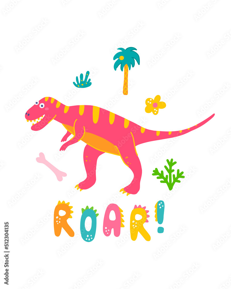 Cute dinosaur baby print. Tyrannosaurus in flat hand drawn style with hand lettered Roar. Design for the design of postcards, posters, invitations and textiles Cute dinosaur baby print. Tyrannosaurus in flat hand drawn style with hand lettered Roar. Design for the design of postcards, posters, invitations and textiles