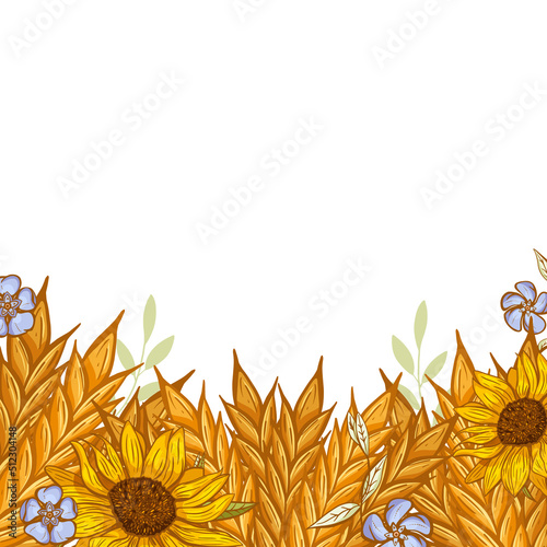 Border Frame of Ears of Wheat decorated with Perwinkle and Sunflowers. photo