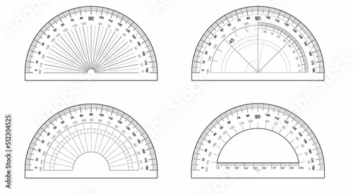Protractor set isolated on white background Vector template of an instrument for measuring the magnitude of angles. Degree measuring scale 180 gradus.