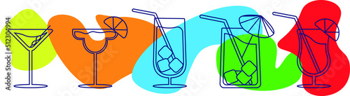 Cocktail glasses minimal vector thin line illustration. Five refreshing cocktails with ice cubes and lemons. Created for party. Set of colorful alcoholic drinks like Mojito or Martini
