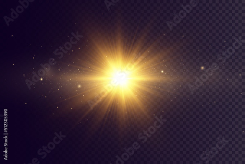 Light effect. Golden bright star, yellow sun. Starlight.