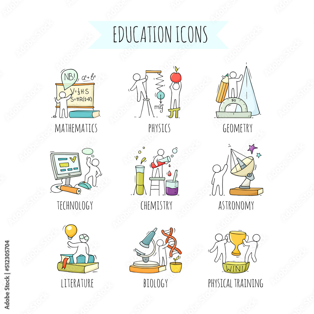 School icons set with studing little people