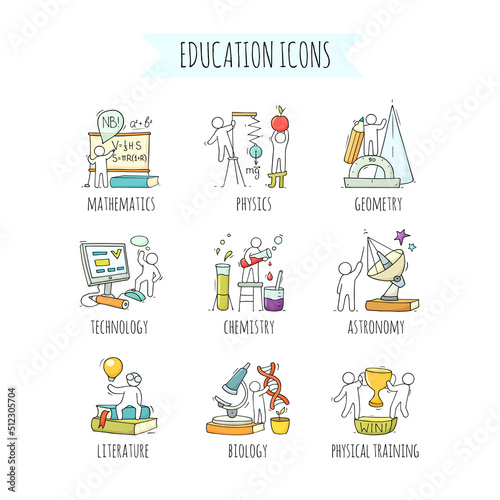School icons set with studing little people