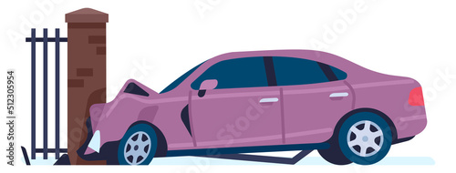 Car smashed into stone fence. Vehicle crash damage