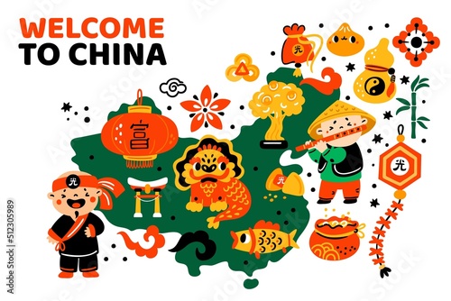 Cartoon Chinese travel poster. Welcome to China. Invitational banner. Country map with cultural symbols and sights. Oriental amulets or men in national costumes. Garish vector concept