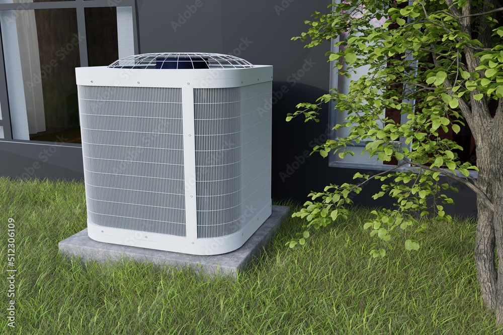 outdoor air conditioner unit near black house with windows 3d Stock ...