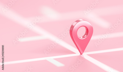 Pink location 3d icon on position place map navigation background with pastel direction pin point symbol or gps destination pointer marker route sign and discovery find road address delivery target.