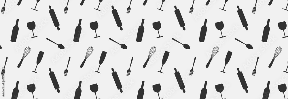 pattern seamless silhouettes kitchen tools fork spoon knife rolling pin ladle culinary banner pattern seamless silhouettes kitchen tools fork spoon knife rolling pin ladle culinary banner