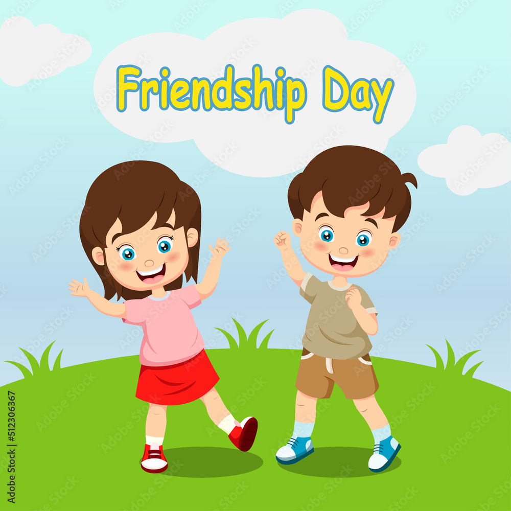 Happy Friendship Day. Cute children cartoon in the grass