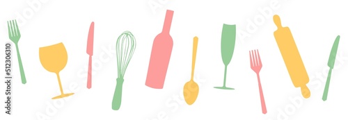 Set of black silhouettes kitchen tools fork spoon knife rolling pin ladle board for cutting culinary banner with place for your text vector illustration isolated on white background