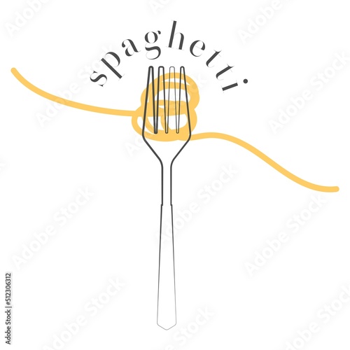 Pasta roll on the fork. Italian pasta with fork silhouette. Black fork with spaghetti on the yellow background. Hand holding a fork with spaghetti.