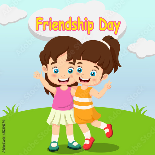 Happy Friendship Day. Happy two girls cartoon in the grass