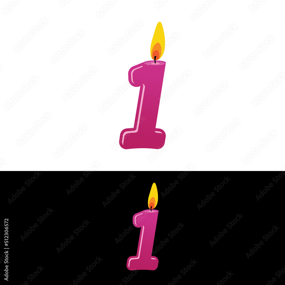 Number 1 Vector Candle for Birthday or Anniversary Celebration. Purple gradient Wax Candle Icon with Burning Flame