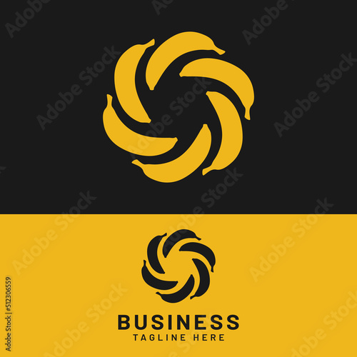 Yellow Bananas Sun or Aperture Camera Logo Design Template. Suitable for Fruit Shops, Supermarkets, Severage Brands, or Photography Studios.