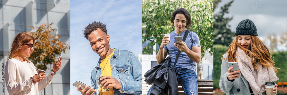 Obraz premium Two women and two men write messages on their mobile phones while drinking coffee