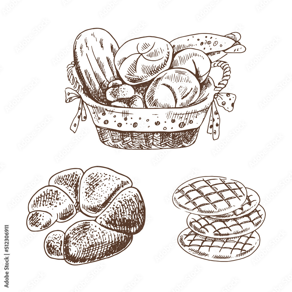 Vintage hand drawn sketch style bakery set. Bread in basket, bagel and ...